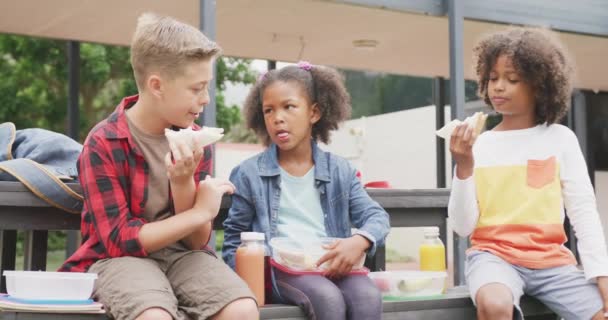 Wideo Trójką Dzieci Jedzących Zapakowane Lunche Rozmawiających Szkolnym Podwórku Edukacja — Wideo stockowe