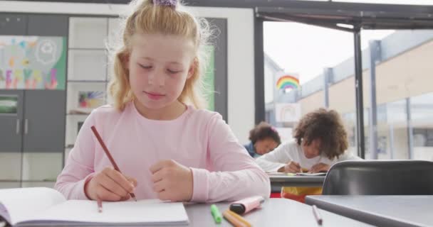 Видео Счастливой Кавказской Школьницы Сидящей Письменным Столом Разных Классах Школы — стоковое видео