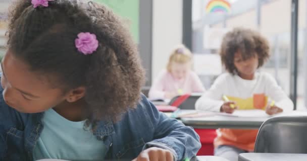 Video Onnellisesta Kaksirotuisesta Koulutytöstä Työpöydän Ääressä Koulutunnilla Koulutus Lapsuus Osallisuus — kuvapankkivideo