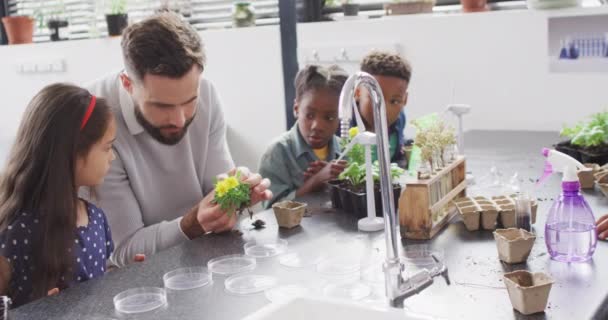 Diverse Male Teacher Happy Schoolchildren Studying Plants School Classroom Education — Stock Video