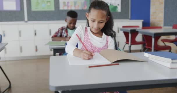 Εστιασμένη Ποικιλόμορφη Μαθητές Που Γράφουν Γραφεία Στην Τάξη Του Δημοτικού — Αρχείο Βίντεο
