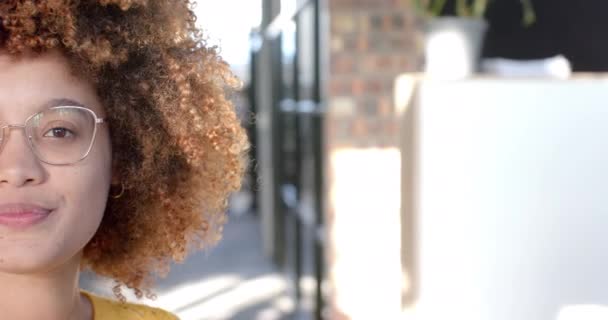 Biracial Lächelnde Geschäftsfrau Mit Afrohaaren Brille Büro Kopierraum Unverändert Porträt — Stockvideo