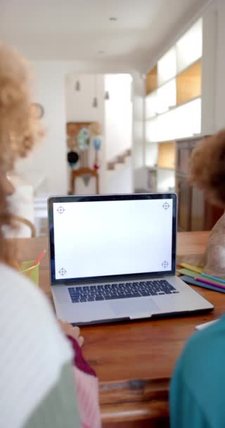 Vertical Video Biracial Mother Son Using Laptop Copy Space Slow — Stockvideo