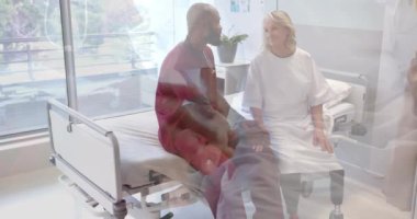 Collage of examination and physiotherapy of caucasian female senior patient with prosthetic leg. Bionic prosthetics, physiotherapy rehabilitation and medical healthcare concept