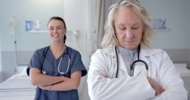 Portrait Happy Caucasian Female Doctors Hospital Room Slow Motion Medicine — Αρχείο Βίντεο