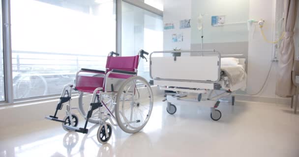 Close Wheelchair Sunny Hospital Room Slow Motion Medicine Healthcare Services — Stockvideo