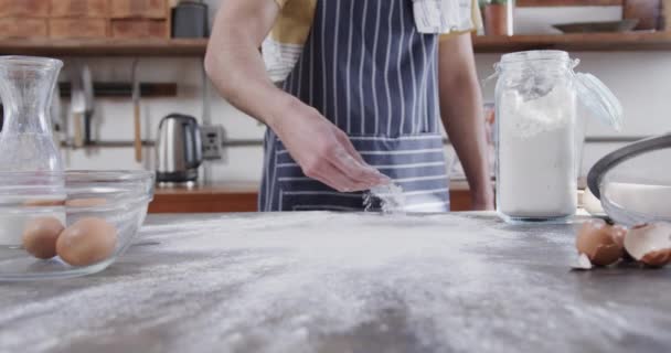 Midsection Caucasian Man Preparing Bread Dough Kitchen Copy Space Slow — Stock Video