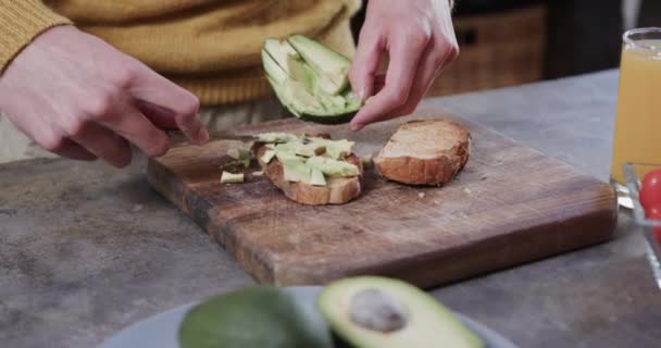 Hands Caucasian Man Preparing Avocado Toast Kitchen Slow Motion Lifestyle — Stock Video