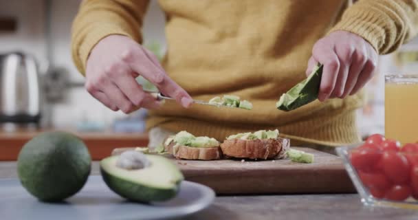 Midsection Caucasian Man Preparing Avocado Toast Kitchen Slow Motion Lifestyle — Stock Video