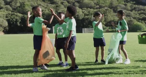 小学校でハッピーな多様な学校の子供たち 高いフェイビングとクリーニングスポーツフィールド エコロジー 変更されていない — ストック動画
