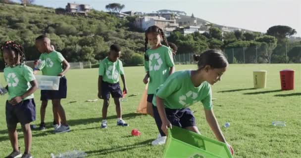 Happy Diverse Schoolchildren Wearing Recycle Tshirts Cleaning Sports Field Elementary — Stock Video
