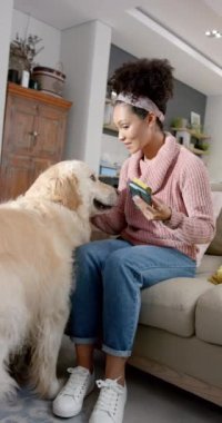 Çift ırklı bir kadının evde akıllı telefon ve evcil köpek kullandığını gösteren dikey bir video. Yaşam tarzı, iletişim, hayvan, arkadaşlık ve ev hayatı, değişmemiş..