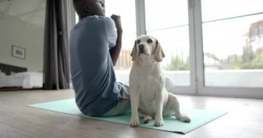Afrika kökenli Amerikalı bir adam evde evcil köpeğiyle yoga yapıyor ve esniyor. Ağır çekimde. Yaşam tarzı, kişisel bakım, evcil hayvanlar ve ev hayatı, değişmemiş..