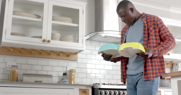 Hombre Afroamericano Dando Comida Sus Perros Compañía Cocina Casa Cámara — Vídeo de stock