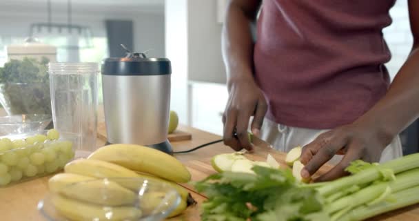 집에서 부엌에서 스무디를 아프리카계 미국인 남자의 슬로우 생활양식 건강한 — 비디오
