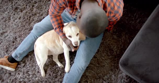 Happy African American Man Sitting Floor Home Petting His Pet — Stock Video