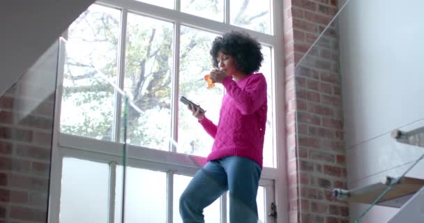 活泼的女人喝茶 在家里用智能手机 慢动作 生活方式 交流和家庭生活 保持不变 — 图库视频影像