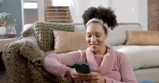 Happy Biracial Woman Using Smartphone Home Slow Motion Lifestyle Communication — Stock Video