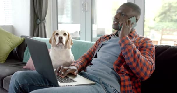 Africano Americano Falando Smartphone Usando Laptop Casa Com Seu Cão — Vídeo de Stock