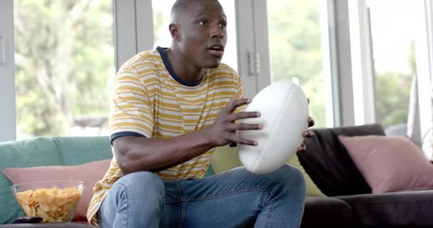 Homem Americano Africano Feliz Sentado Sofá Ver Rugby Match Casa — Vídeo de Stock