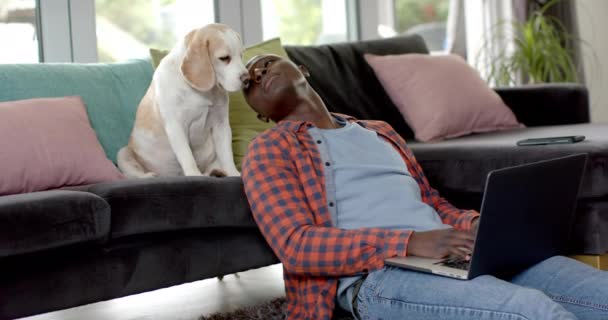 Onnellinen Afrikkalainen Amerikkalainen Mies Istuu Sohvalla Käyttäen Lattiaa Kotona Lemmikkikoiransa — kuvapankkivideo
