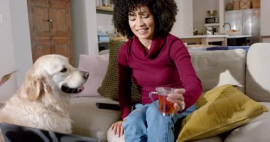 Golden Retriever köpeği olan mutlu çift ırklı kadın evinde dizüstü bilgisayar kullanıyor, ağır çekimde. Yaşam tarzı, hayvan, iletişim ve ev hayatı, değiştirilmemiş..