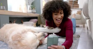 Golden Retriever köpeği olan mutlu bir çift ırklı kadın evde akıllı telefon kullanıyor, ağır çekimde. Yaşam tarzı, hayvan, iletişim ve ev hayatı, değiştirilmemiş..