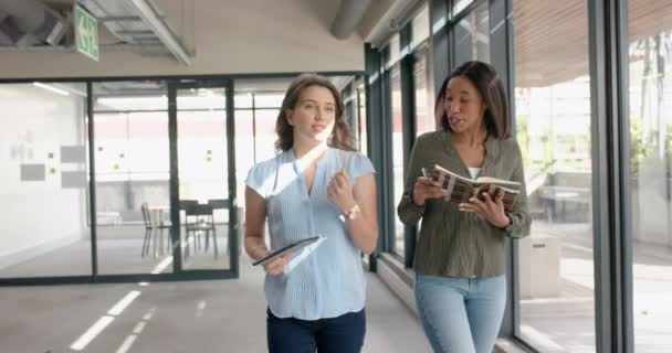 Due Diverse Donne Affari Discutono Tra Loro Mentre Camminano Ufficio — Video Stock