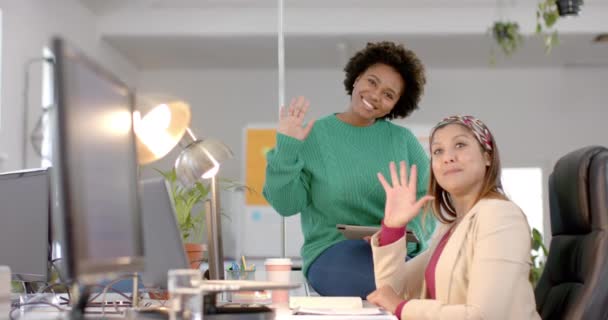 Portrait Happy Diverse Business Female Colleagues Waving Casual Office Meeting — Stock Video