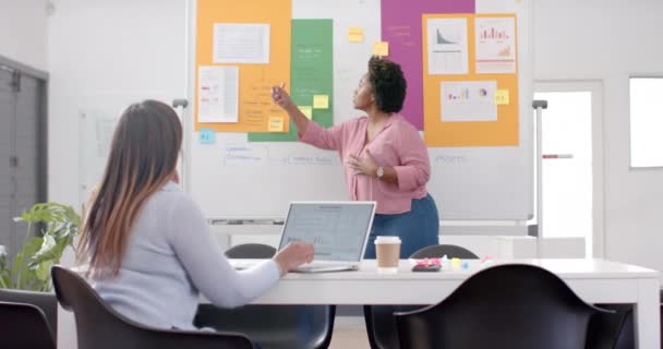 非洲裔美国女商人在办公室用白板做演示 动作缓慢 临时办公室 业务和工作 未经改动 — 图库视频影像