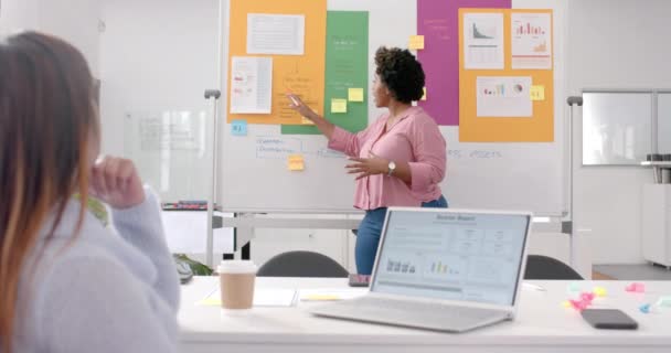 非洲裔美国女商人在办公室用白板做演示 动作缓慢 临时办公室 业务和工作 未经改动 — 图库视频影像