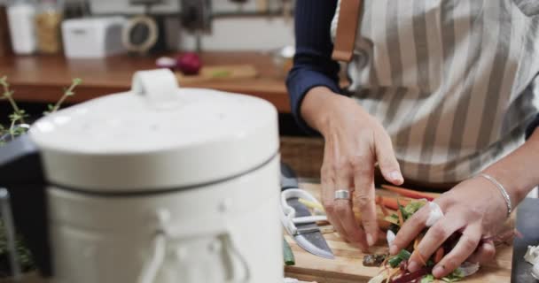 中段的桦树妇女在厨房里堆肥蔬菜废料 动作缓慢 生活方式 健康生活方式 循环利用和家庭生活 — 图库视频影像
