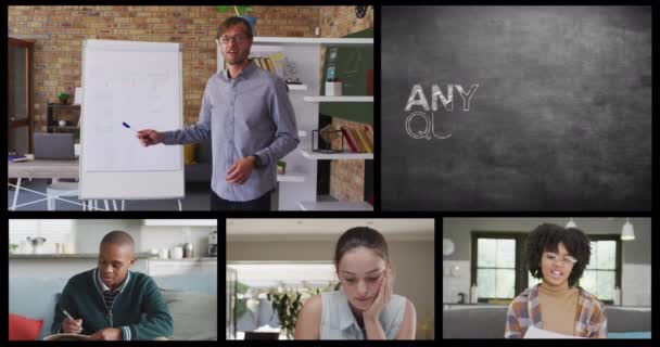 Çeşitli Erkek Öğretmenlerin Öğrencilerin Soru Mesajlarının Bulunduğu Ekranlar Eğitim Çevrimiçi — Stok video