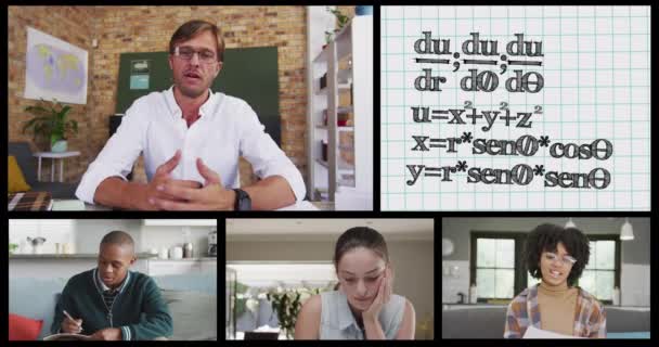 Bildschirme Mit Online Anrufen Diverser Männlicher Lehrer Schüler Und Mathematischer — Stockvideo