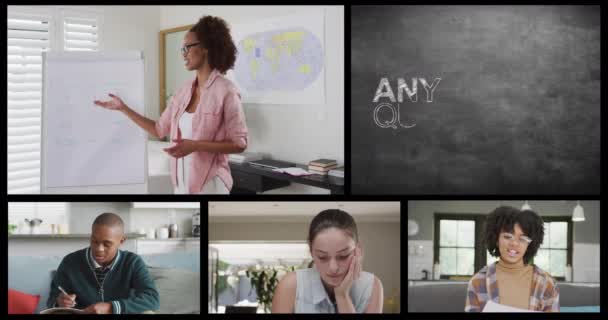 Çeşitli Bayan Öğretmenlerin Öğrencilerin Soru Mesajlarının Bulunduğu Ekranlar Eğitim Çevrimiçi — Stok video