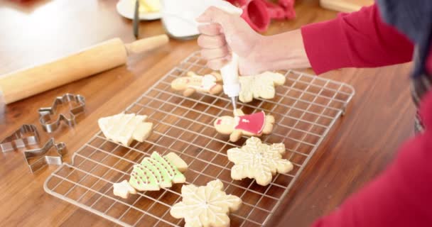 Biracial Decorarea Prăjiturilor Crăciun Bucătărie Acasă Mișcare Lentă Stil Viață — Videoclip de stoc