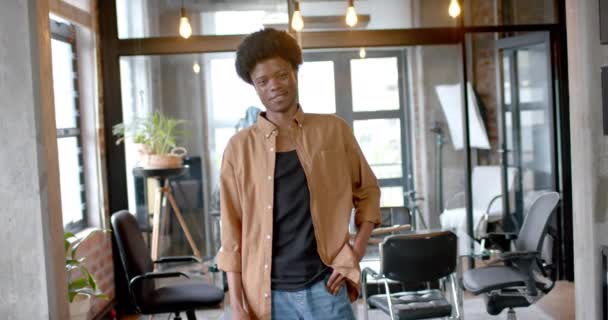 Muotokuva Onnellisesta Afrikkalaisesta Amerikkalaisesta Miehestä Jolla Afro Kotona Hidastettuna Elinkeinoelämä — kuvapankkivideo