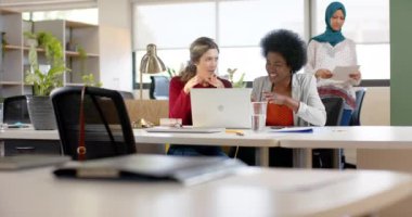 Ofisteki dizüstü bilgisayarını kullanarak tartışan mutlu yaratıcı kadın meslektaşlar, yavaş çekim. Günlük ofis, iş, takım çalışması, iletişim ve çalışma, değiştirilmemiş.