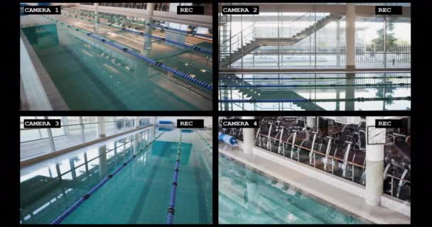 Fyra Övervakningskameror Med Utsikt Över Stora Poolsportanläggningar Interiörer Slow Motion — Stockvideo