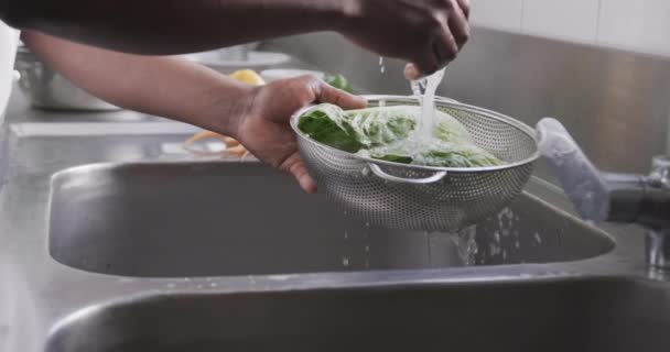 Αφρικανός Σεφ Πλένει Λαχανικά Στην Κουζίνα Αργή Κίνηση Μαγειρική Επάγγελμα — Αρχείο Βίντεο