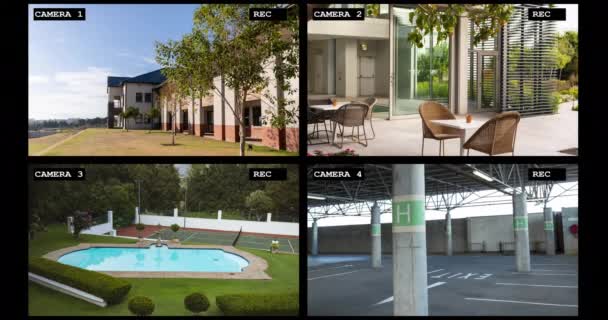 Quatro Câmeras Segurança Com Vista Para Exterior Resort Luxo Recepção — Vídeo de Stock