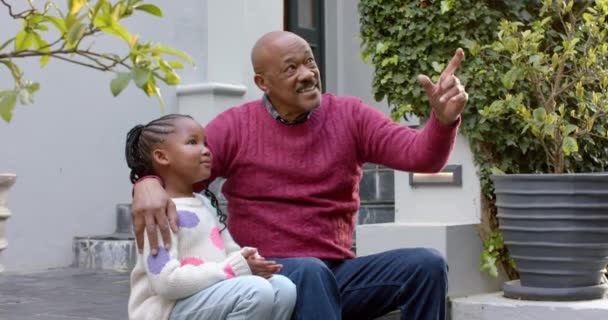 Glad Afrikansk Amerikansk Farfar Och Barnbarn Sitter Och Pratar Trädgården — Stockvideo