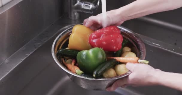Biały Kucharz Myjący Warzywa Zlewie Kuchni Zwolniony Ruch Gotowanie Zawód — Wideo stockowe