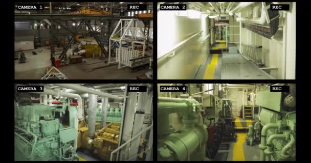 Cztery Kamery Bezpieczeństwa Widok Magazynów Przemysłowych Wnętrz Fabrycznych Maszyn Zwolnione — Wideo stockowe