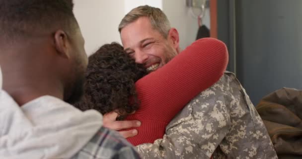Happy Diverse Friends Welcoming Home Male Soldier Friend Military Service — Stock Video