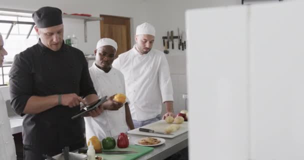 Diverse Mannelijke Chef Kok Instrueren Groep Van Stagiaire Mannelijke Koks — Stockvideo