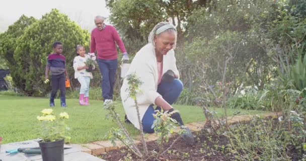 Glad Afrikansk Amerikansk Mor Och Farföräldrar Barnbarn Och Barnbarn Trädgårdsarbete — Stockvideo