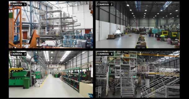 Four Security Camera Views Industrial Warehouse Factory Interiors Slow Motion — Stock Video