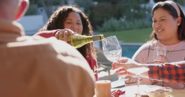 快乐多样的男女朋友在阳光灿烂的花园里祝酒庆祝晚餐 爱国主义 美国文化和传统 — 图库视频影像