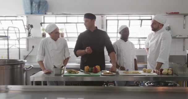 Diversi Chef Maschi Istruire Gruppo Tirocinanti Chef Maschi Cucina Rallentatore — Video Stock